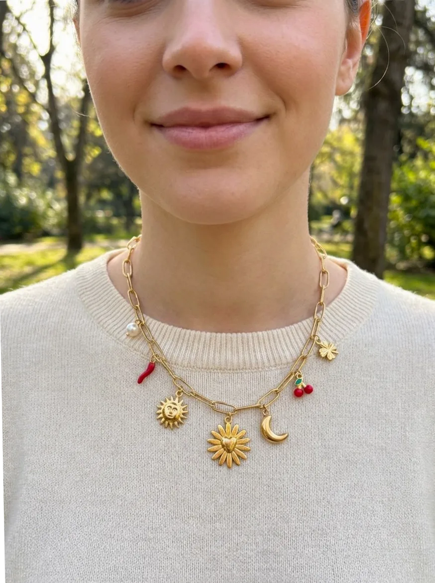 collar cadena dorada eslabones charms sol luna