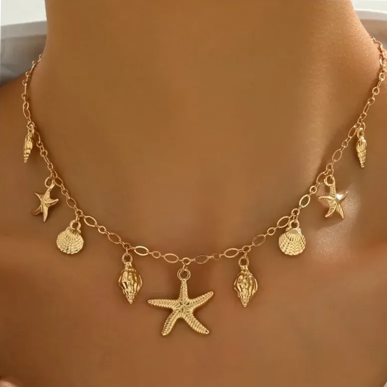 Boho Ocean-Inspired Choker Necklace for Women - Starfish & Seashell Pendant Set