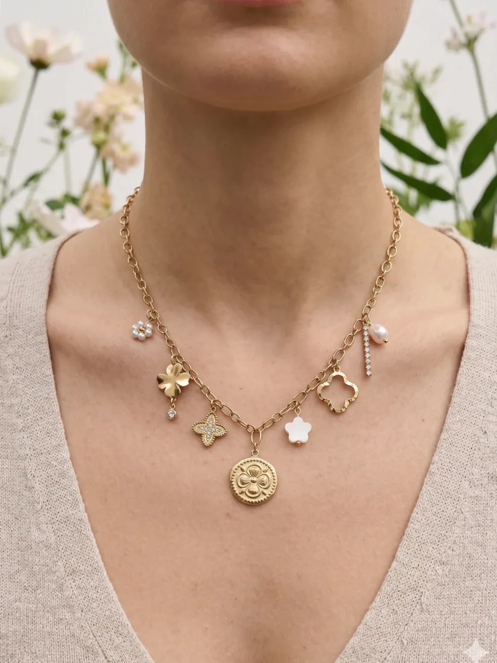 Clover necklace gold charm with pearls lucky
