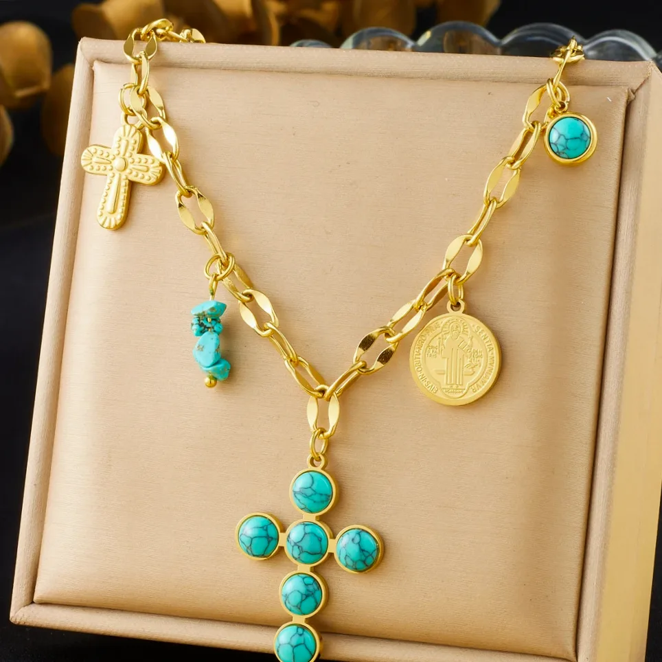 DIEYURO 316L Stainless Steel Round Turquoise Inlaid Cross Pendant Necklace for Women Girls New Fashion Chain Jewelry Gift