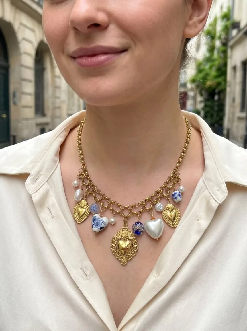 Collier doré deux chaînes épaisses entrelacée à cœurs sacrés