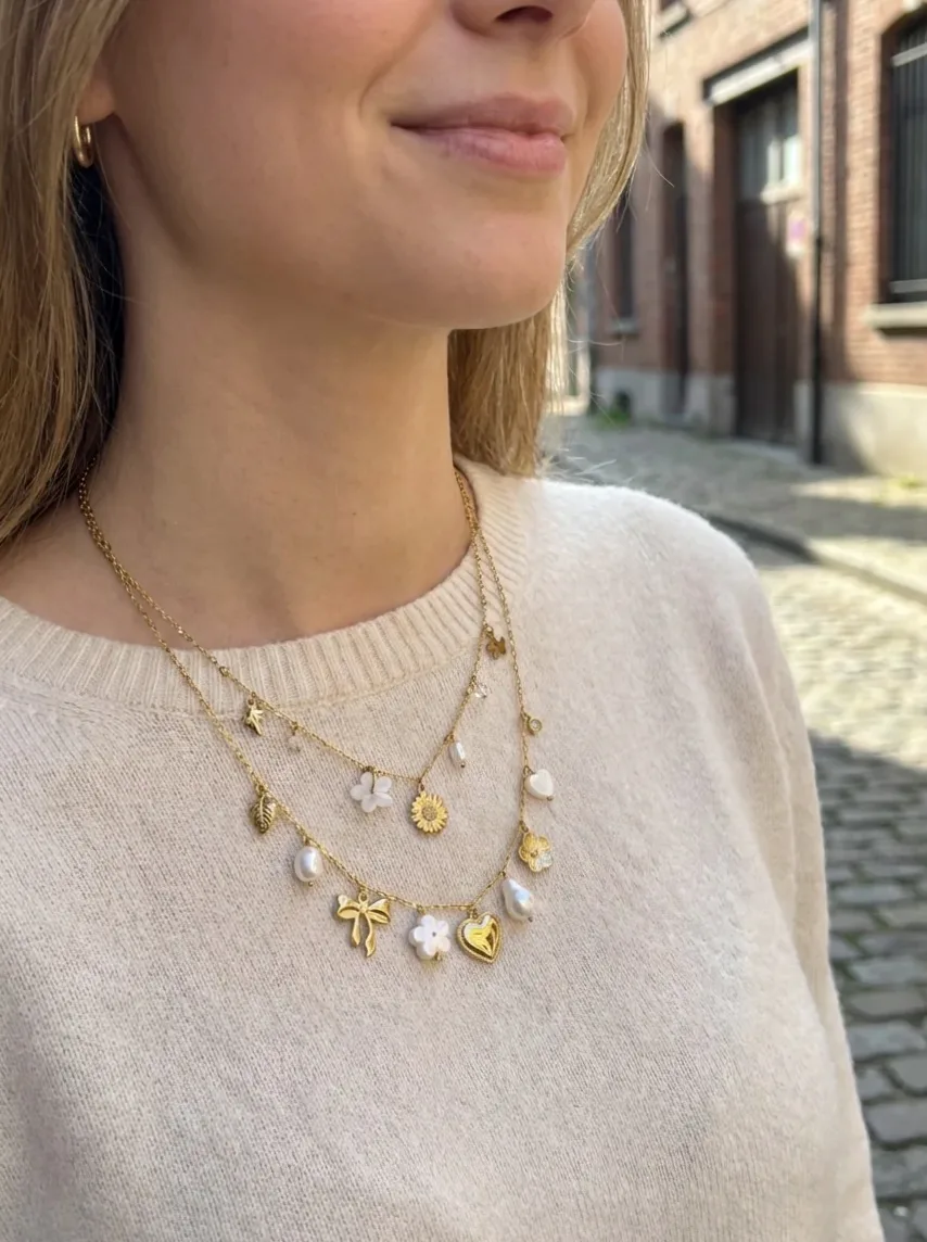 Goldkette doppelt floral Herz Perlenanhänger