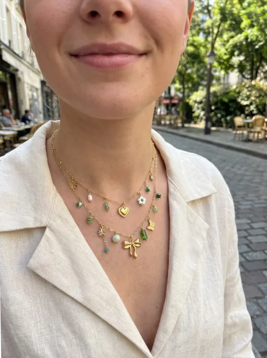 Goldkette doppelt Schleife grüne Perlenanhänger