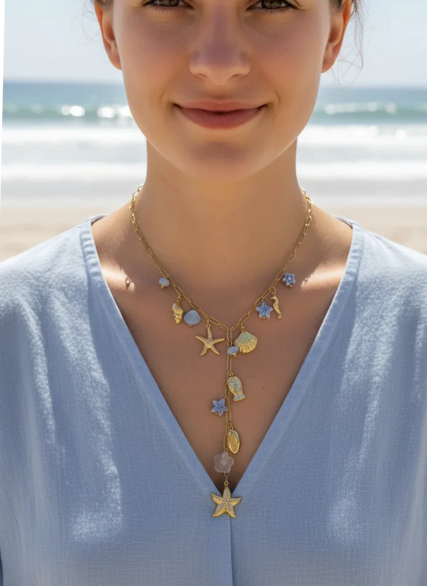 Gold Y necklace marine charms light blue flowers in Stainless steel — Gemzara