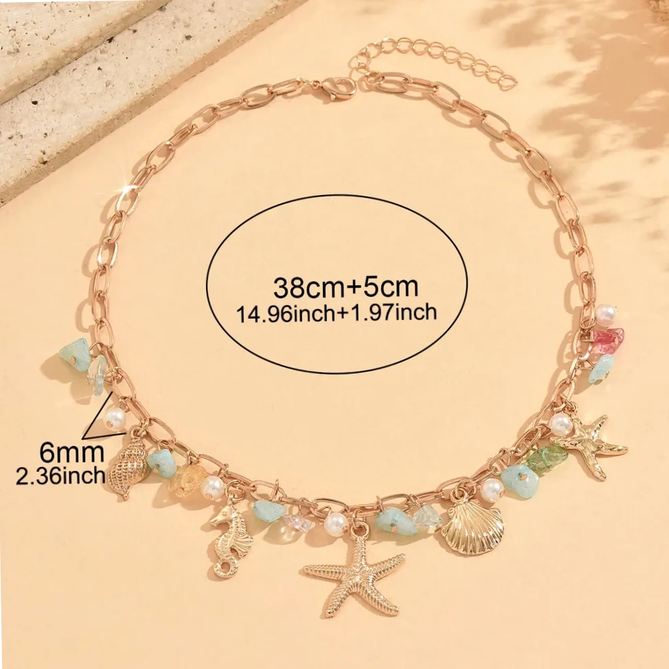 Close-up of material and finish — Bohemian Adjustable Choker Necklace - Starfish, Seahorse & Shell