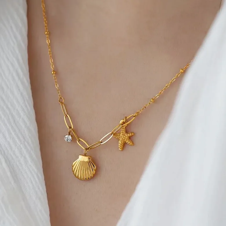 Détail de la matière et finition — EILIECK 316L acier inoxydable perle coquille étoile de mer soleil