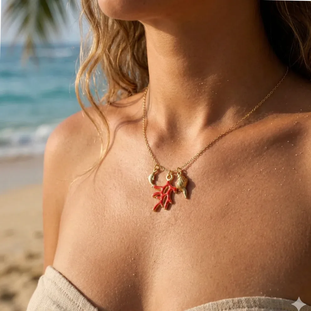Collana dorata sottile pendenti corallo rosso e delfino, 38 cm + 5 cm prolunga — Gemzara