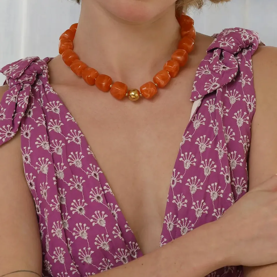 E.B.belle – collier de perles carrées en acrylique, Vintage, plaqué — présentation et emballage cadeau