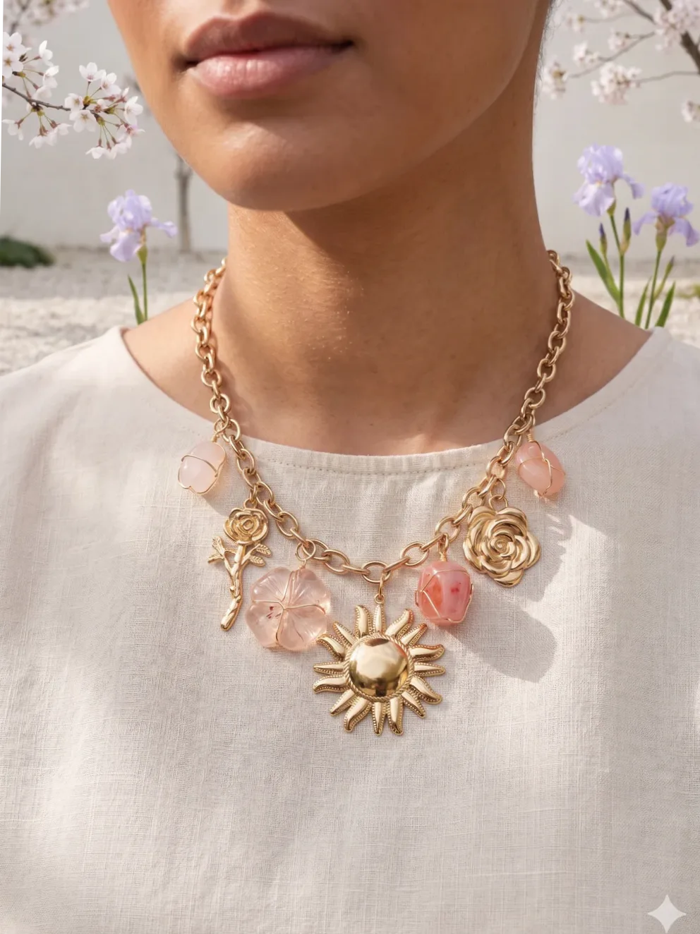 Sun necklace gold radiant flowers faceted stones