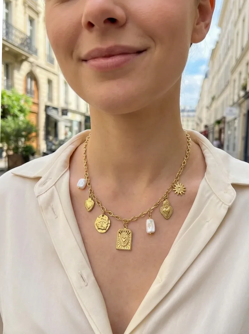 Zlatna ogrlica talisman sa svetim srcima ex-voto, 41,5 cm + produžetak 5 cm — Gemzara