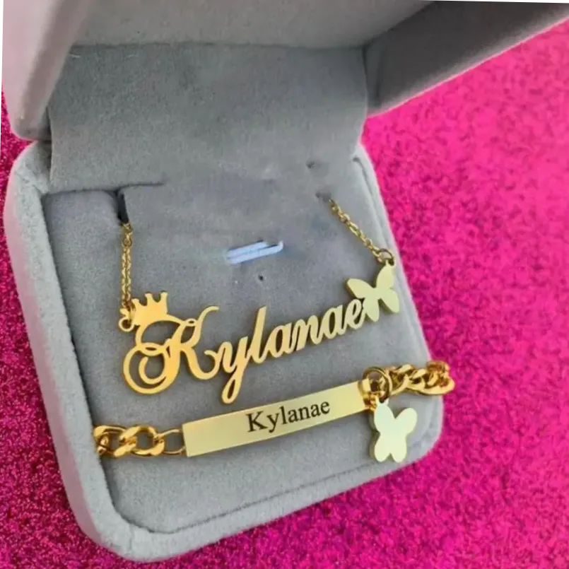 Personalizirani set ogrlica i narukvica s leptirima - zlatna boja, nehrđajući čelik, savršeni poklon za djevojčice i žene