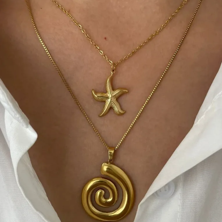 Women's Spiral Starfish Pendant Necklace Stainless Steel Hollow Metal Vortex Punk Gold Color Clavicle Chain Jewelry