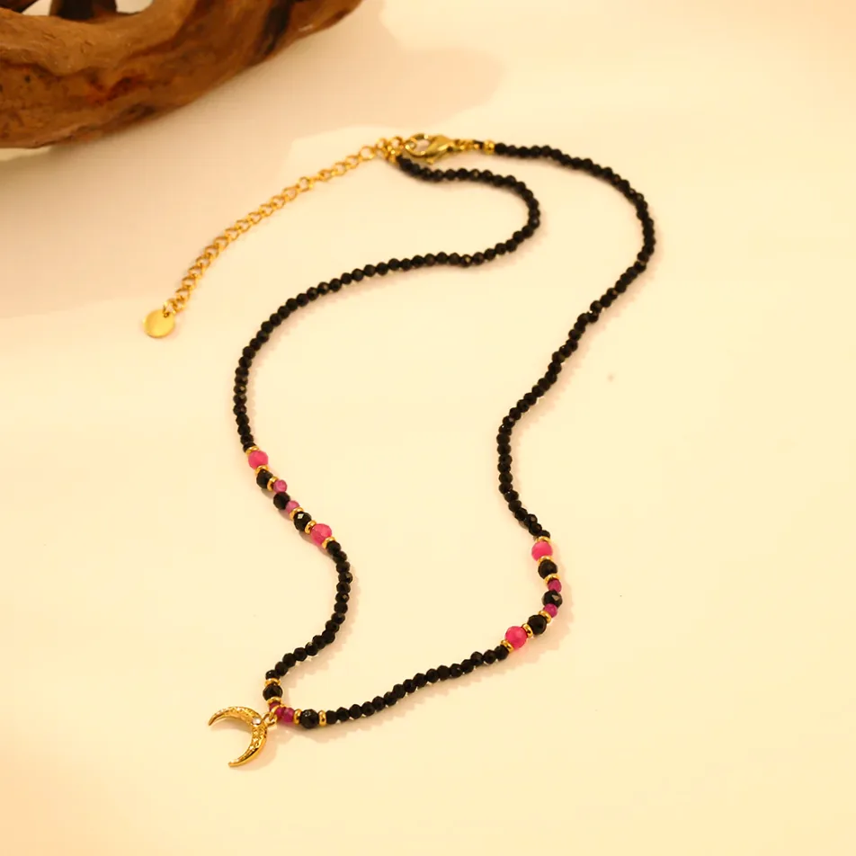 Black hematite choker necklace with moon pendant