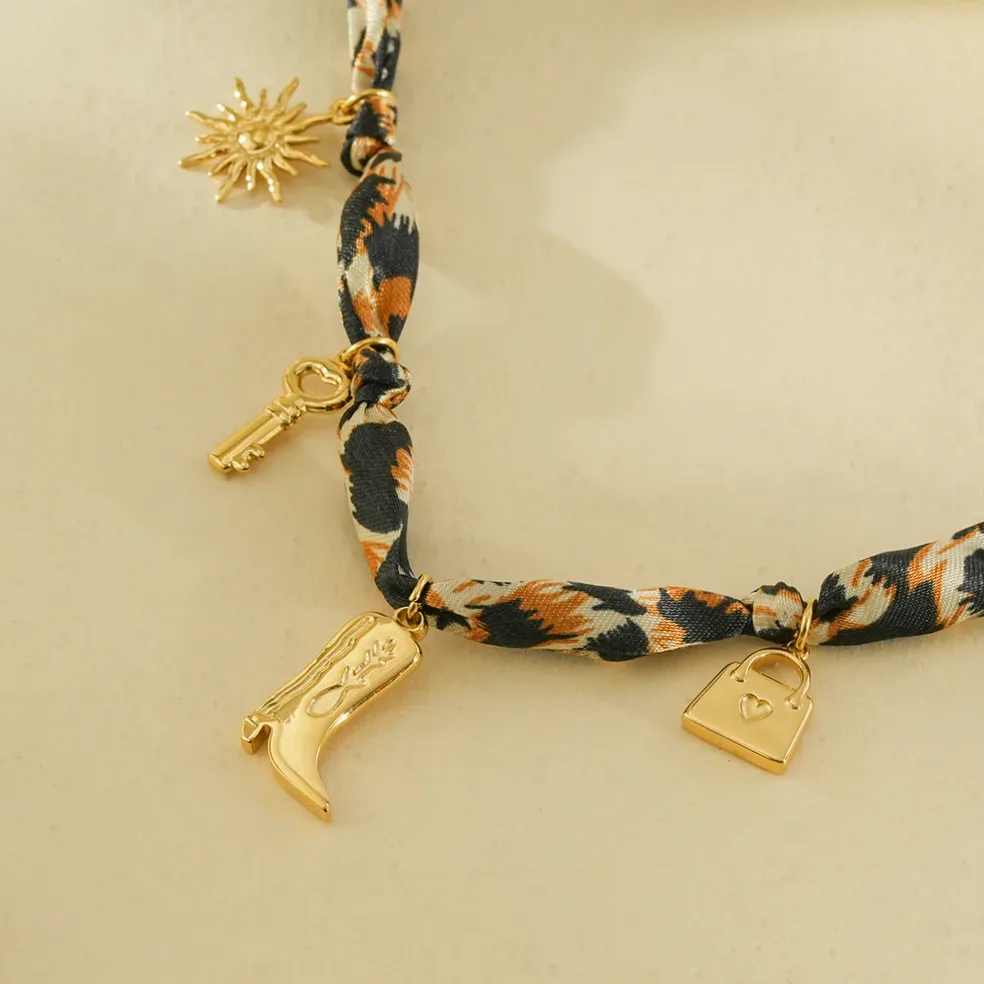 Close-up of material and finish — Leopard print fabric necklace gold boot pendants