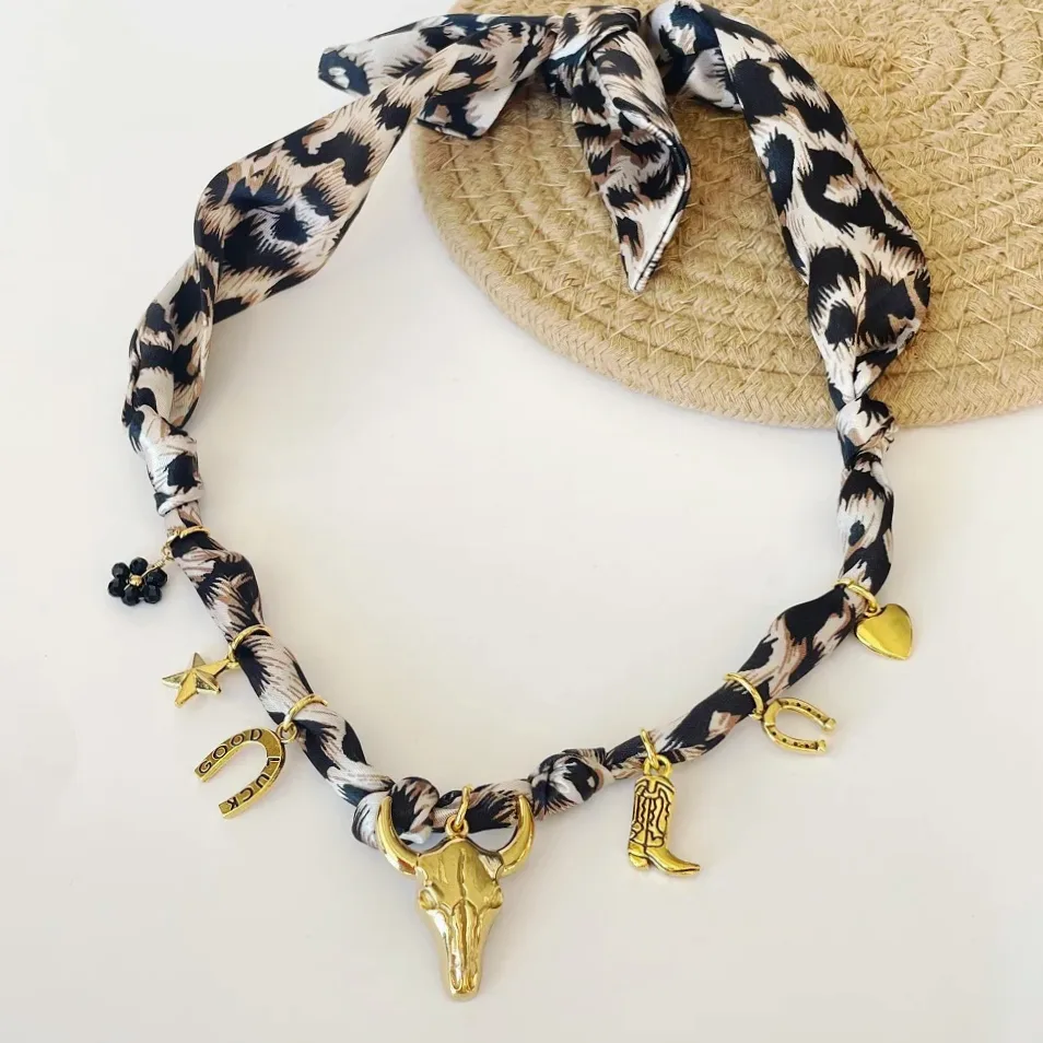 Leopard print fabric necklace gold boot pendants in Stainless steel — Gemzara