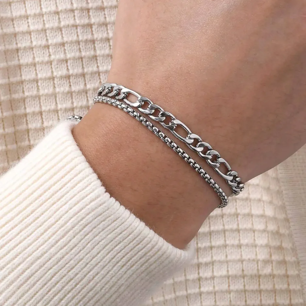 Dettaglio del materiale e della finitura — Set Bracciali Uomo in Acciaio Inox, Catena Box e Catenina Cubana