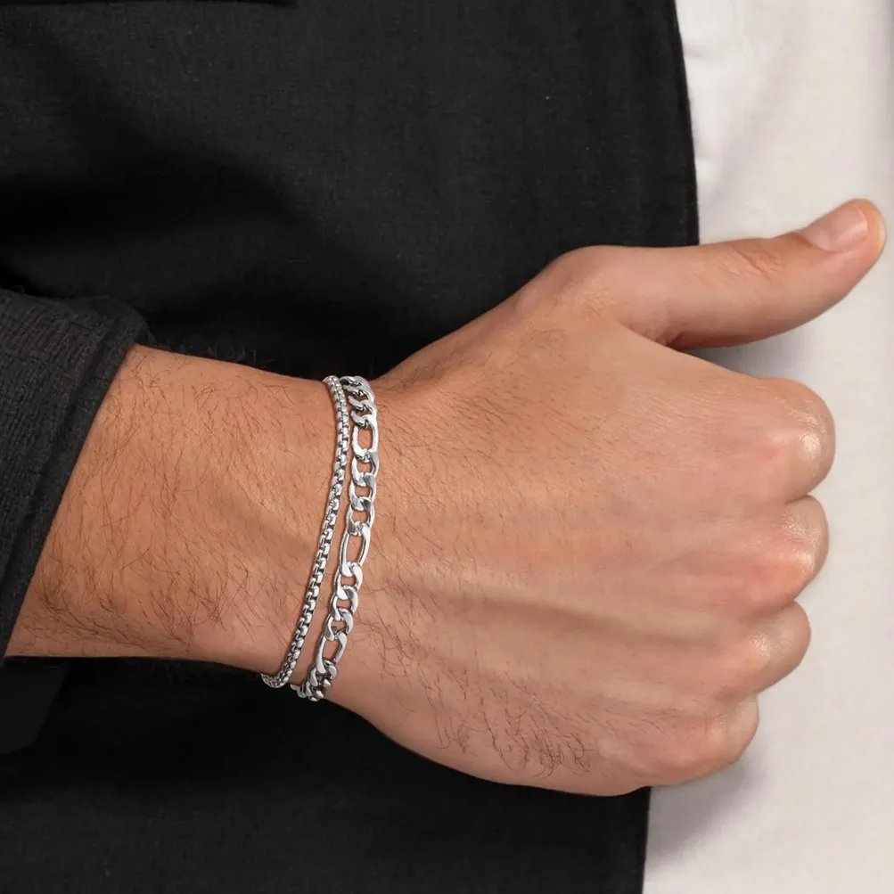 Set Bracciali Uomo in Acciaio Inox, Catena Box e Catenina Cubana Impermeabili - Regalo Gioielli Elegante indossato al polso