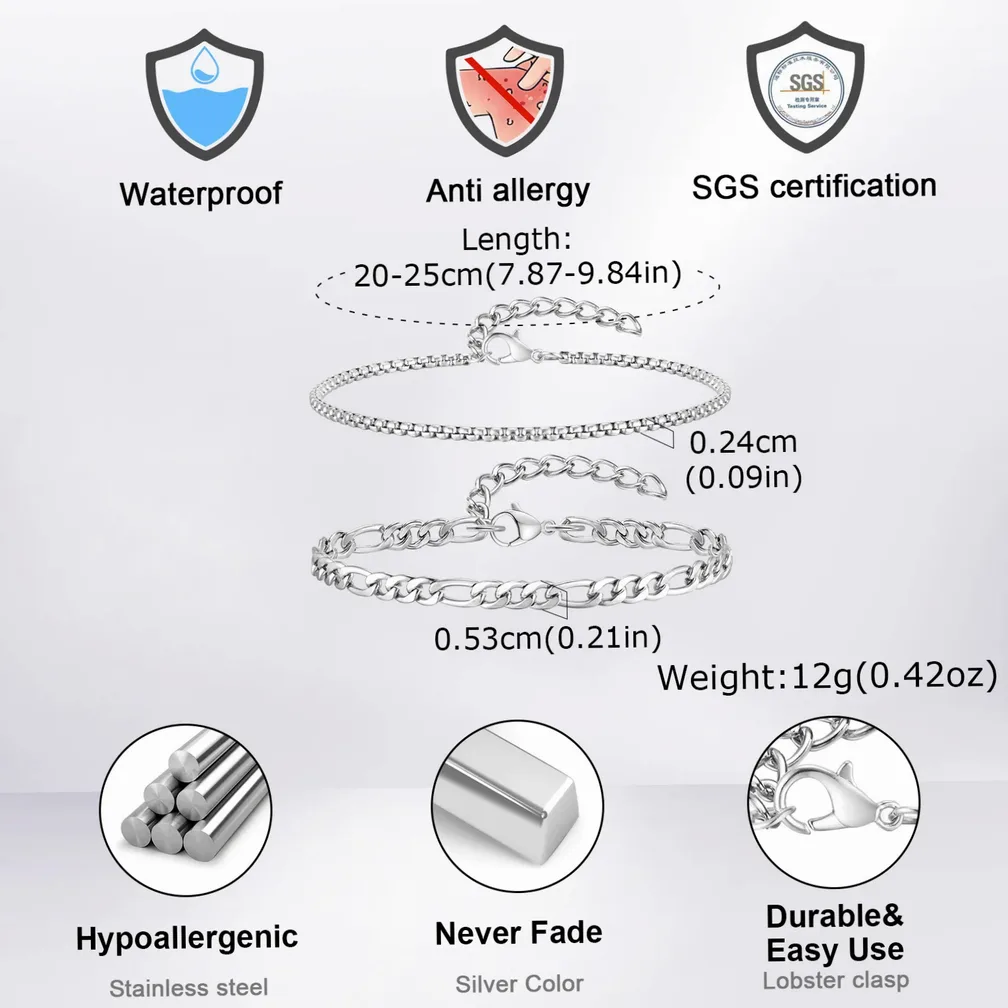 Set Bracciali Uomo in Acciaio Inox, Catena Box e Catenina Cubana — vista di scala e dimensioni