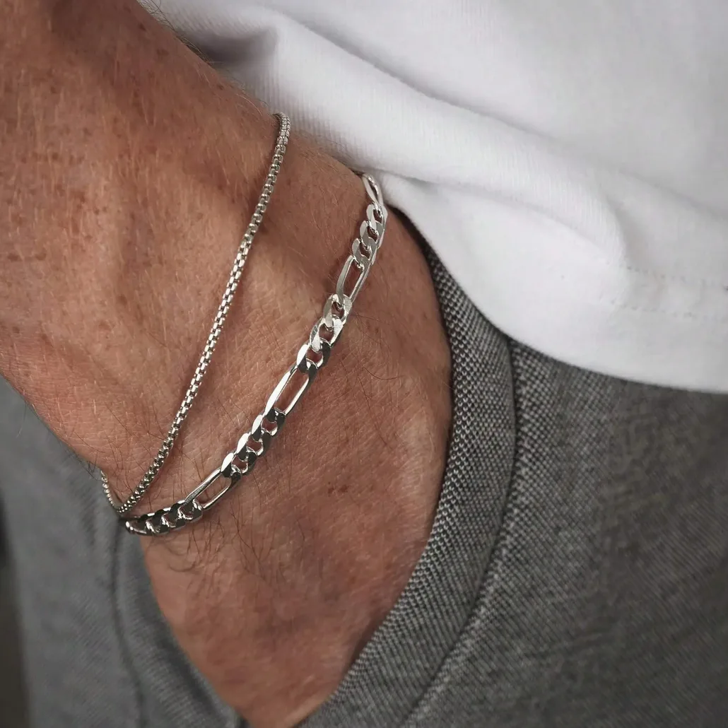 Set Bracciali Uomo in Acciaio Inox, Catena Box e Catenina Cubana Impermeabili - Regalo Gioielli Elegante — Gemzara