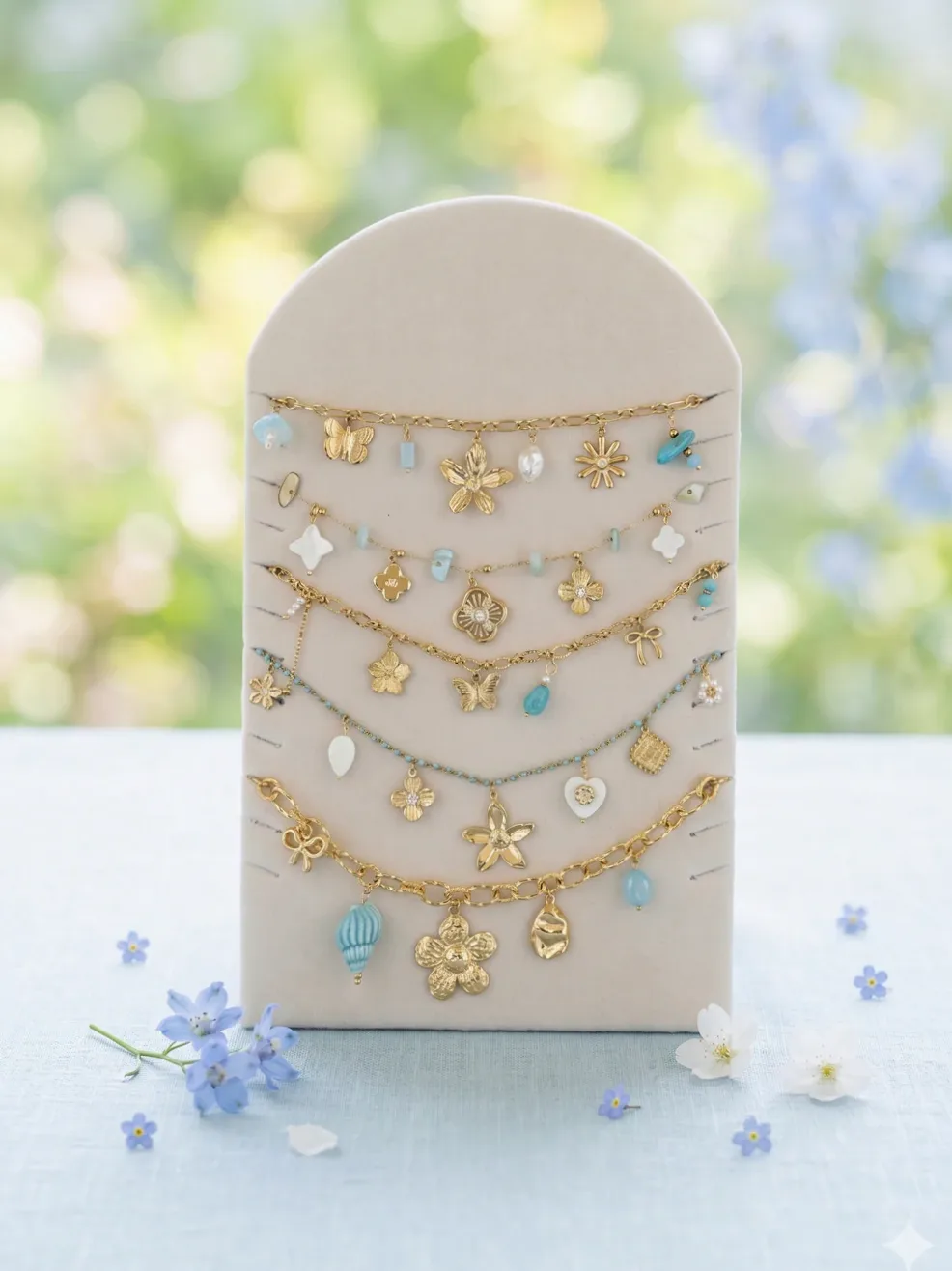 Dettaglio del materiale e della finitura — Set 5 gioielli pendenti floreali tema blu donna