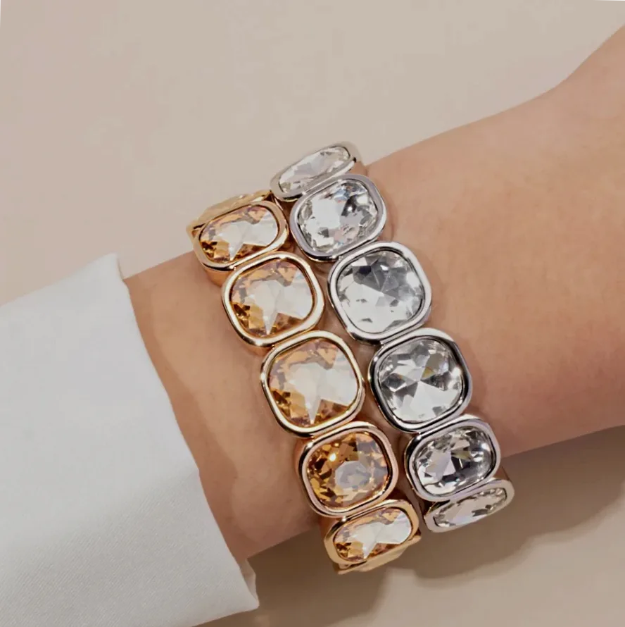 Sada 2 natahovacích náramků s velkými krystaly, zlato a stříbro