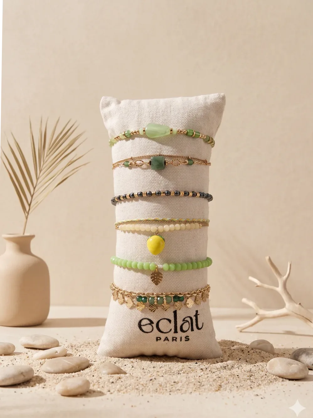 Kit 6 pulseiras douradas tons de verde com almofada