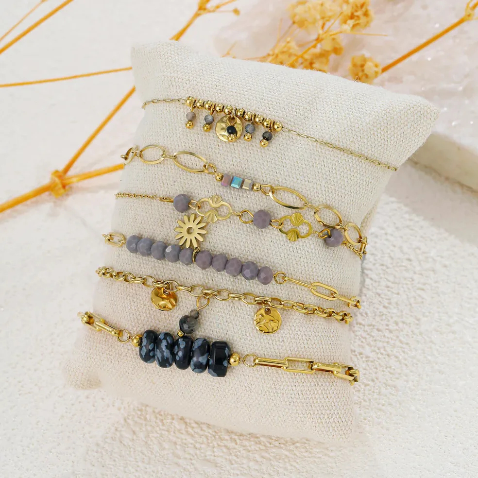 Kit 6 pulseiras pedras cinza pingente sol almofada em Aço inoxidável — Gemzara