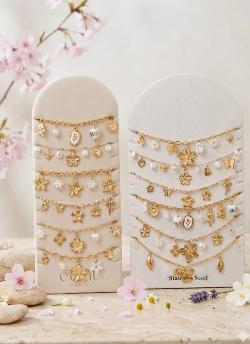 Set 6 Armbänder Ketten weiße Blumen Damen
