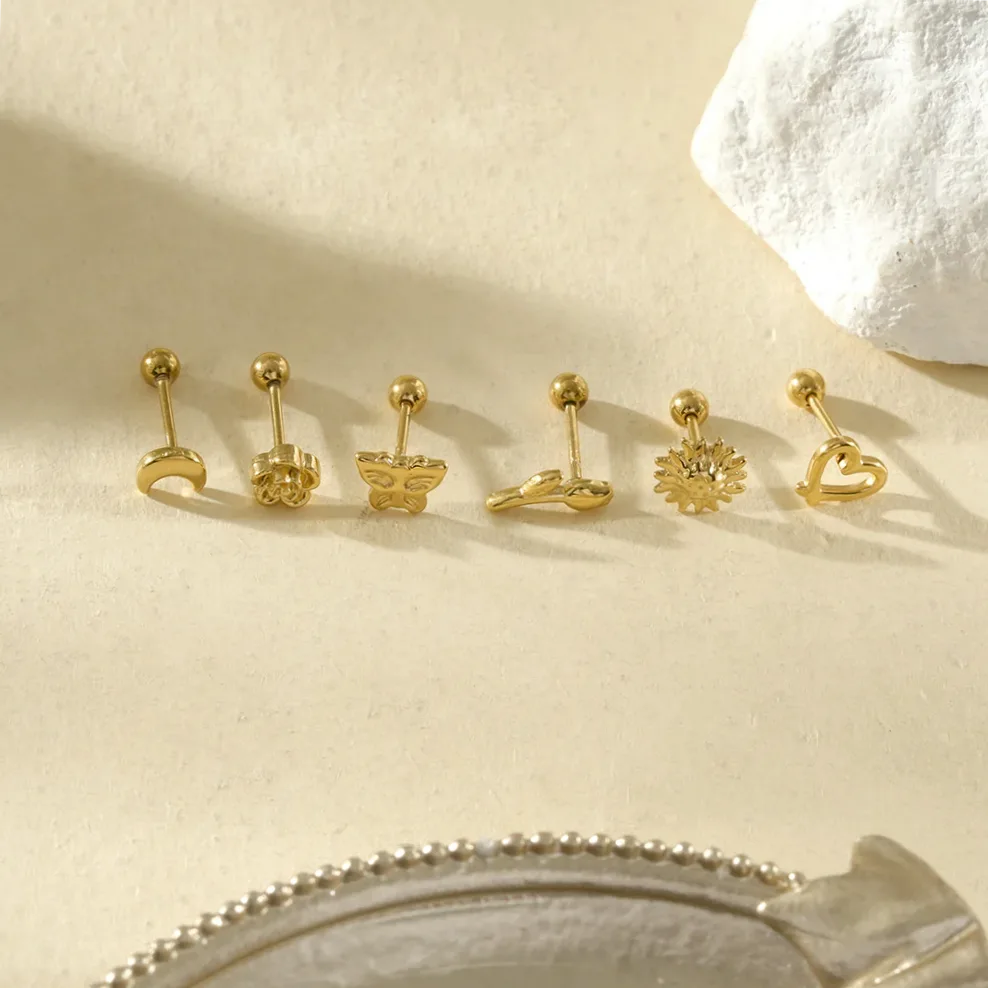 Pack 6 piercings decorativos diseños variados mujer — vista de escala y dimensiones