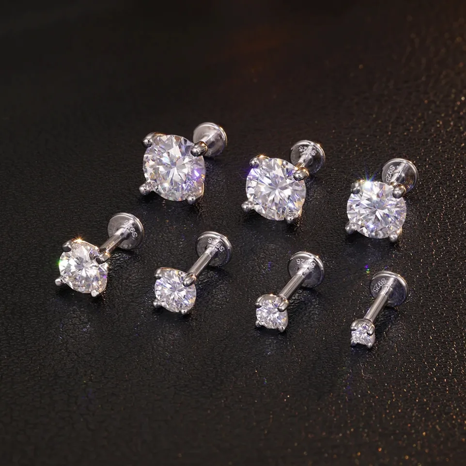 CANNER 1PC Certificat 0.03-1.2CT Moissanite Argent S925 Boucle d'oreille clou classique étincelante à tête plate pour femme, cadeau de mariage