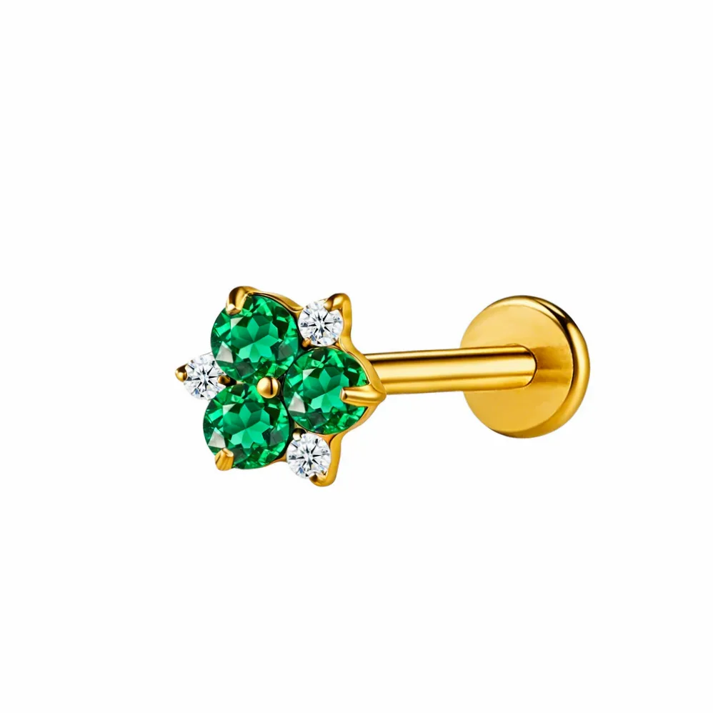 Detalle del material y acabado — Piercing titanio flor verde y strass blancos