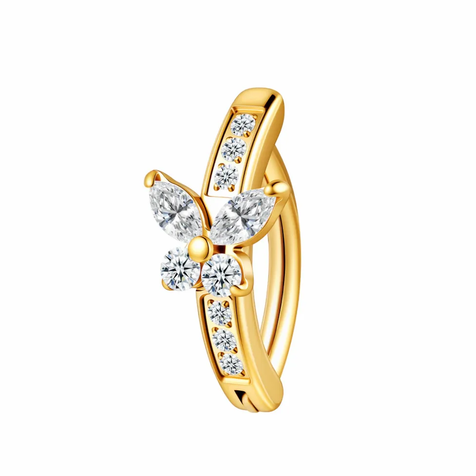 Detalhe do material e do acabamento — Piercing umbigo borboleta titânio com strass brilhante