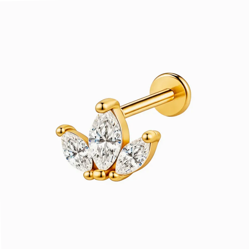 Close-up of material and finish — Triple marquise rhinestone piercing stainless steel