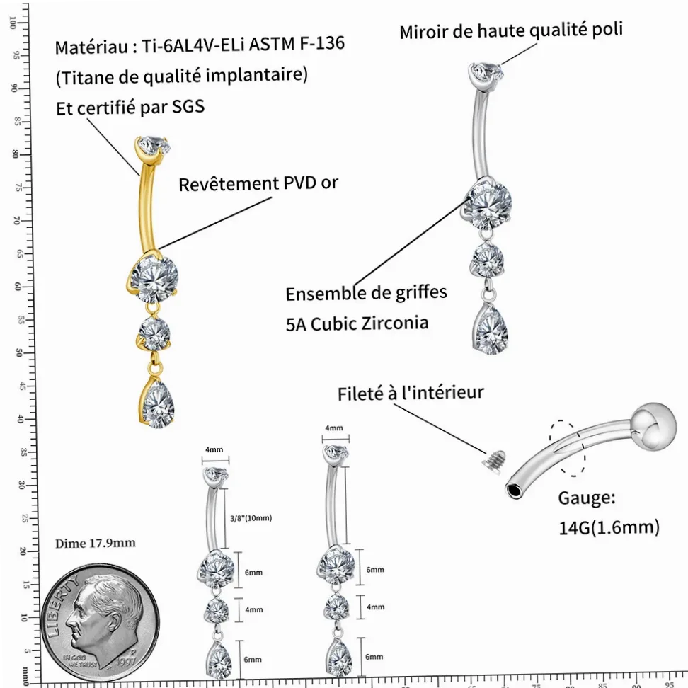 Detailansicht von Material und Verarbeitung — Rechtes Bauchnabel-Piercing in Tropfenform aus Titan ASTM F136 14G