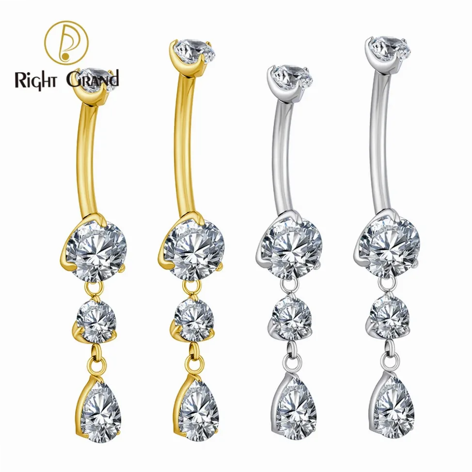 Rechtes Bauchnabel-Piercing in Tropfenform aus Titan ASTM F136 14G mit kubischem Zirkonia