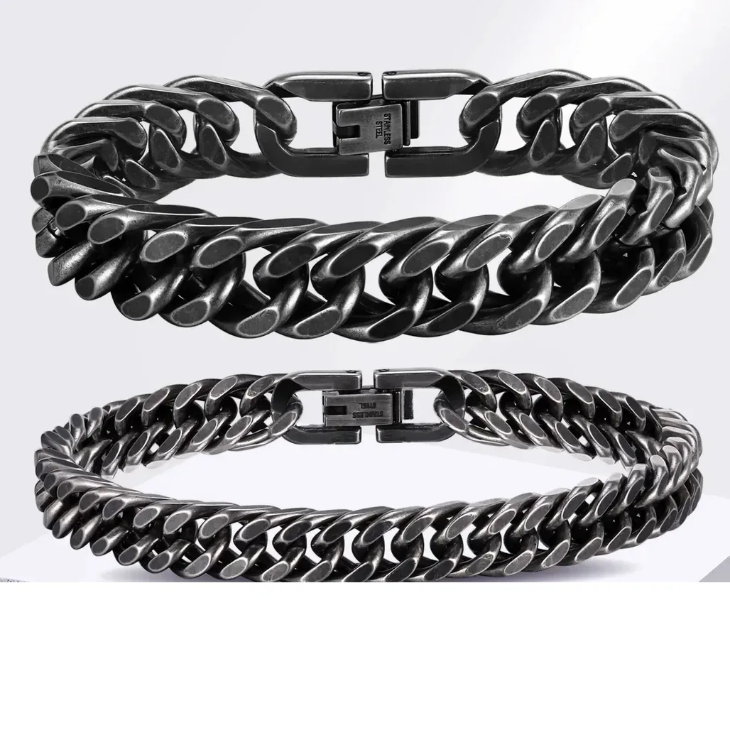 Bracciale Cubano in Acciaio Inossidabile per Uomo e Ragazzo - Gioiello Punk Rock Ossidato, 8mm, 12mm — Gemzara